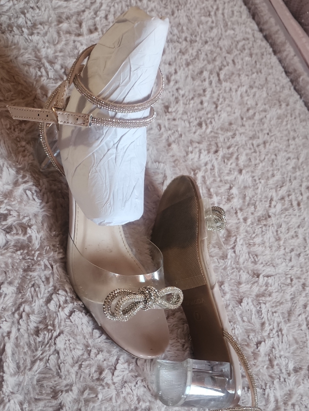 TOP Moda Gold Crystal Bow Clear Block Heel Sandals